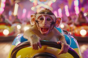 Wall Mural - Monkey driving a bumper car. AI.