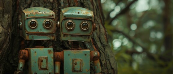 Canvas Print - Two rusty robots in the woods. AI.