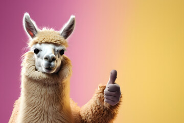 Wall Mural - Funny alpaca llama, smiling, showing approving thumbs up to appreciate good work or product. Wide banner with copy space side. 