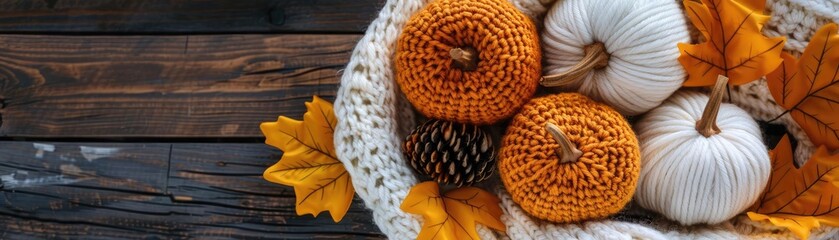 Knitted autumn decor items like pumpkins and leaves, creative handmade crafts, warm and cozy feel