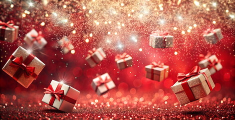 Wall Mural - Christmas background banner red gold colors with Gift boxes flying and sparkles bokeh.Copy space