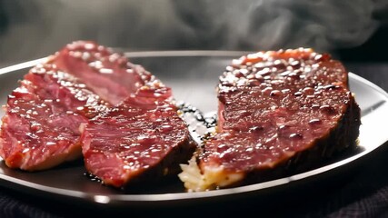 Wall Mural - Succulent medium-rare steak served on a plate