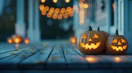 A festive arrangement of carved Jack-o'-Lanterns on a porch, each with unique expressions, capturing the essence of Halloween night.