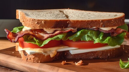 Wall Mural - Fresh sandwich with ham, cheese, tomatoes, fast food on plate in wrapping paper. AI generated.