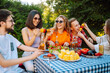 © maxbelchenko - Group of friends having backyard dinner party together. Young people enjoying leisure time together outside toasting with beer and barbecue. Vacation, picnic, weekend, nature.