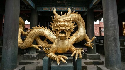 In the heart of an ancient temple in China, a majestic golden dragon sculpture coils around pillars, its fierce gaze capturing the essence of myth and legend.