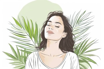 Illustration of a woman surrounded by tropical leaves highlighting natural beauty and tranquility vector art