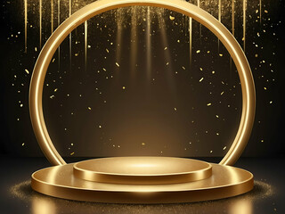 Sticker - abstract Gold podium for product presentation illustration golden award platform with neon glowing round frame and rays, glitter confetti sparkle background