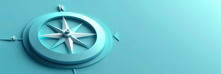 Poster - A simple compass illustration with a white needle pointing north on a blue background. Ideal for navigation apps and travel services. Generative AI