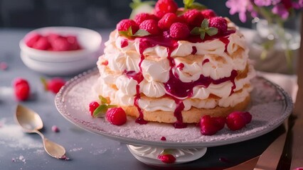 Wall Mural - A fluffy sponge cake flad with wild rose petals and topped with a wild berry coulis.