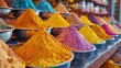 © Lubos Chlubny - Vivid piles of colorful powder pigments displayed in a marketplace, creating a lively scene.