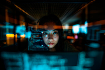 This image captures a person coding at night with a strong focus on the computer screen displaying lines of code, reflecting the dedication to programming and technology.