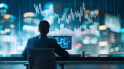 Business professional analyses financial data on computer with city lights background, depicting technology and stock market trends.