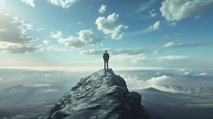 Wall Mural - leader standing alone on top of a high mountain