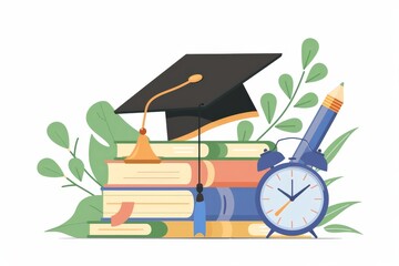 Education elements illustration with Education day and Back to school poster, earth globe, graduation cap, pencil, book on white background