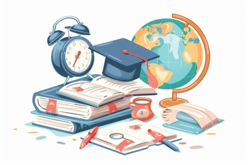 Wall Mural - Education elements illustration with Education day and Back to school poster, earth globe, graduation cap, pencil, book on white background
