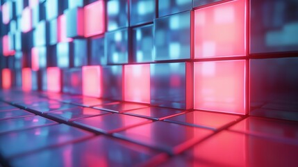 Wall Mural - Red And Blue Glowing Cubes Abstract Background