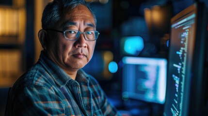 The picture of the software developer or programmer working with the computer and data inside the dark room with monitor, the developer require skills like problem solving and program language. AIG43.