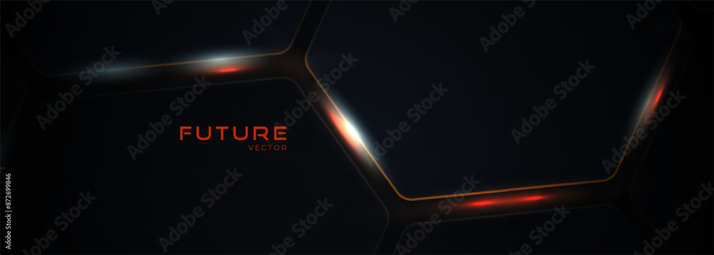Dark hexagon abstract technology background with orange and white ...