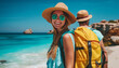 © Chlorophylle - Belle jeune femme branché avec un chapeau de paille en vacances avec son amoureux au bord de la mer sur une plage paradisiaque