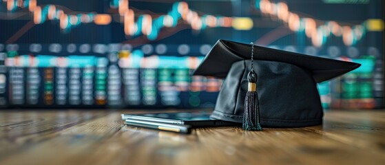 A degree hat on desk and screen with stock chart and graph, represent learning financial and investment skills to create income and financial freedom