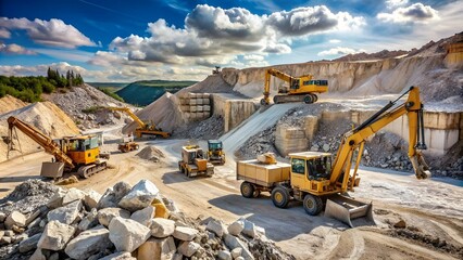 Heavy and mobile machinery in a quarry to transform stone into construction material