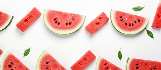 Wall Mural - Fresh watermelon slices creatively arranged in a Scandinavian-style flat lay on a white table background, perfect for a blog or recipe book cover with copy space image.