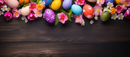 Poster - Vibrant Easter eggs and spring blooms on dark wood backdrop, with copy space image along the bottom edge in top-down view.