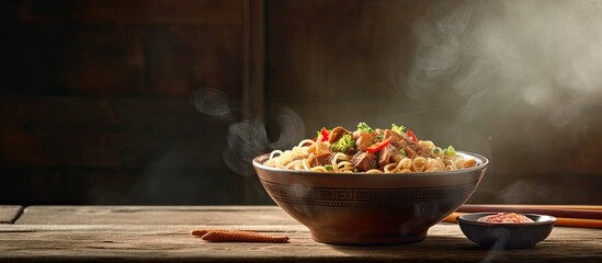 Aufkleber - Cooking Chinese fried noodles in a ceramic bowl on a wooden table, with a distinctive copy space image.