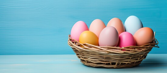 Canvas Print -  Blue, yellow, green, and pink eggs in a basket on a blue background with copy space image.