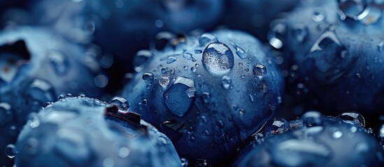 Aufkleber - Close-up of fresh blueberries with water droplets, ideal for vegan and vegetarian themes, providing space for text in the image. with copy space image. Place for adding text or design