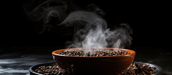 Fototapete - Selective focus on rustic sieve with smoke: Roasted coffee on black backdrop in a visually appealing copy space image.