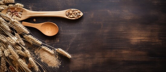 Aufkleber - Wooden spoons and a cutting board placed on a table with scattered flakes and wheat, providing a rustic arrangement with copy space image.