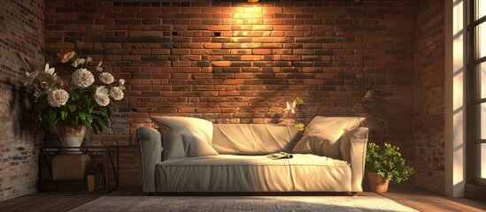 Fototapete - A vase of flowers in the living room and a sofa, brick wall backdrop and fair lighting. with copy space image. Place for adding text or design