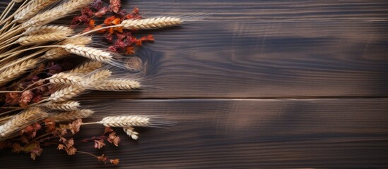 Fototapete - Create an autumn-themed flat lay featuring dried wheat ears on a dark wooden surface, leaving room for text in the image. with copy space image. Place for adding text or design