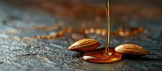 Aufkleber - Argan oil drizzling over two seeds on a stone table with copy space image.