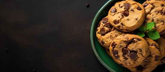 Aufkleber - Top view of a tempting stack of chocolate chip cookies in a green bowl on a black surface with ample copy space image.