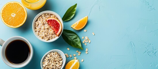 Poster - Blue background with oatmeal, orange juice, and coffee, all displayed for a copy space image.