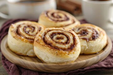 Wall Mural - Delicious homemade cinnamon rolls on a wooden plate