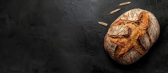 Poster - A loaf of fresh bread with copy space image on a black backdrop.