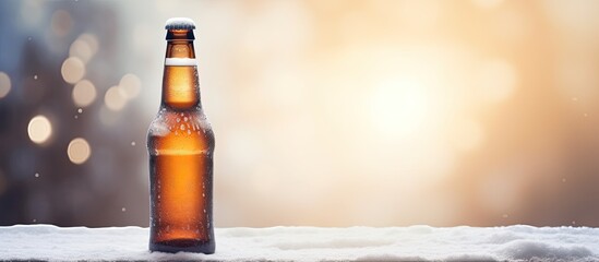 Aufkleber - Close-up of a cold beer bottle on snowy background with copy space image.