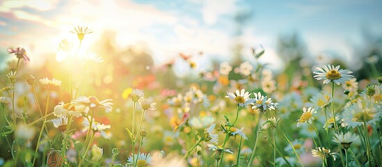 Leinwandbilder - Sunny day in summer meadow showcasing close-up wildflowers, creating a beautiful rural landscape. Ideal for nature-themed design projects with a blurry background for copy space image.