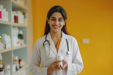 young indian female doctor holding medicine bottle