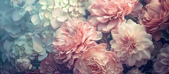 Poster - beautiful artificial flowers background, vintage style; pastel background. with copy space image. Place for adding text or design