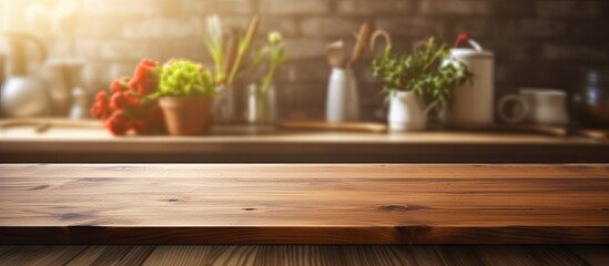 Aufkleber - Wooden table with a cutting board, providing a copy space image in the background.
