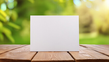 White poster on wooden table, mock-up for design presentations or portfolios. Natural green backdrop