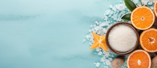 Poster - Natural body care banner featuring a body scrub with orange and sea salt, arranged in a flat lay with copy space image.