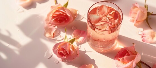 Leinwandbilder - Pink rose drinks on a white background with a sunny backdrop, featuring rose flowers in a close-up view, perfect for a copy space image.