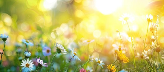 Leinwandbilder - Sunny day in summer meadow showcasing close-up wildflowers, creating a beautiful rural landscape. Ideal for nature-themed design projects with a blurry background for copy space image.