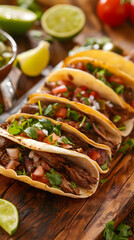 Wall Mural - Delicious Grilled Steak Tacos with Fresh Vegetables and Lime Wedges